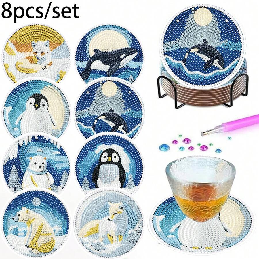 Set di 8 sottobicchieri con motivi di animali artici e antartici, dipinti con diamanti, con supporto, materiali per pittura per principianti, base in legno rotonda con supporto, sottobicchieri isolanti per decorazione della casa, accessori per la scrivania dell'ufficio, regalo di San Valentino - Multicolore - Visualizzare 1