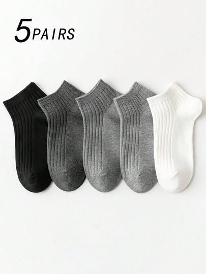 5 Pairs Unisex Solid Color & Striped Business Casual Breathable Short Socks, Versatile For Summer