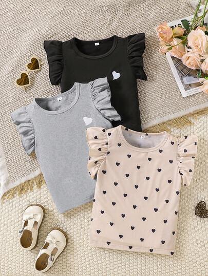 3件套少女休闲爱心印花圆领T恤，适合夏季、休闲、运动、户外、日常穿着、上学等场合。
