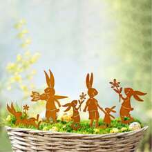 5 Rusty Rabbit Metal Flower Pot Inserts, Iron Decoration Rabbit Silhouette, Home Garden Decoration Flower Pot, Grass Ground Insert - Rabbit - View 2