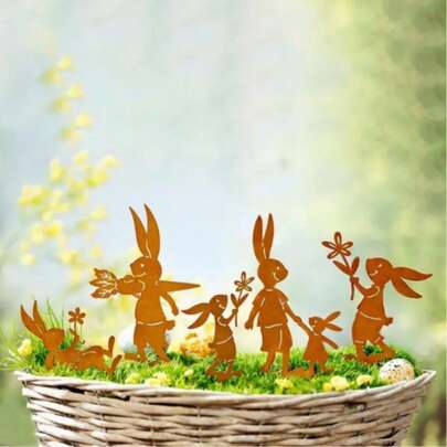 5 Rusty Rabbit Metal Flower Pot Inserts, Iron Decoration Rabbit Silhouette, Home Garden Decoration Flower Pot, Grass Ground Insert