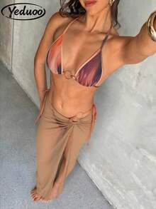 3 pièces Ensemble de maillot de bain à imprimé floral vintage pour femmes, style sexy élégant et romantique, comprenant un Top court à bretelles fines, un bas échancré et une longue jupe paréo. Convient pour la plage, les vacances, la Saint-Valentin - Taupe - Voir 3