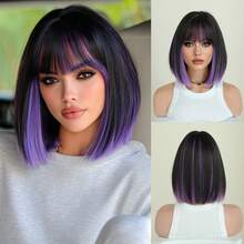 7JHH WIGS Short Black Mix Highlights Purple Bob Wig For Women Short Straight Hair Wig With Bangs, Full Machine Synthetic Heat Resistant Wig For Daily Party Wear, Music Festivals Celebrations & Cosplay Decoration Wigs Accessory 12 Inch - Purple Highlight - View 12