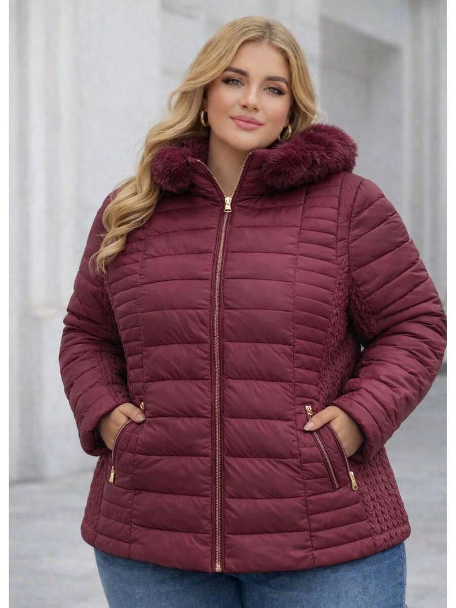Women's Plus Size Lined Waterproof Casual Jacket With Zipper, Puffer Fabric, For Everyday Winter - 酒紅色 - 查看 1