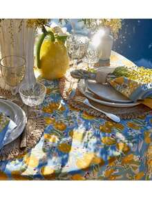 Mediterranean Citrus Grove Inspired Lemon & Blossom Print Tablecloth,French Tablecloth Citron Bleu & Yellow - Yellow - View 5