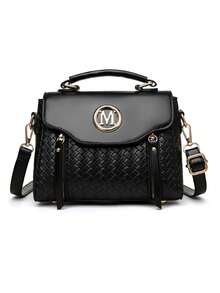 女士时尚“M”字母手机零钱包斜挎包，编织纹理翻盖，可调节肩带，轻便单肩包，适合日常通勤、办事、购物。 - 黑色 - 查看 4