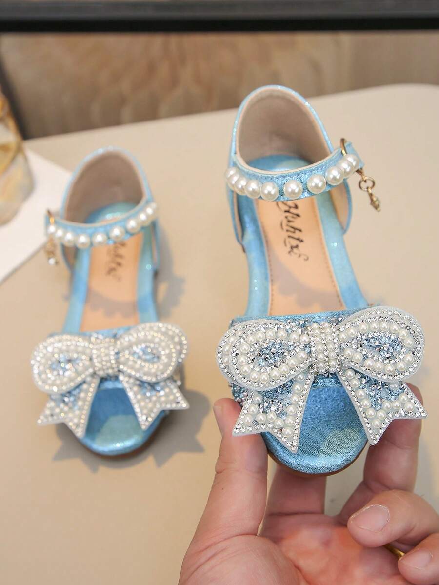 Girls Princess Flat Sandals Bow Color Diamond Pearl Embellished Shoes - Blue - View 1