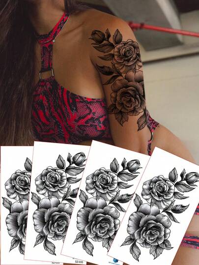 STARTTOOS 4pcs/Set Romantic Spring Rose & Peony Floral Temporary Tattoo Stickers, Suitable For Sensitive Areas Like Thigh, Chest, Abdomen, Back, Shoulder, Collarbone, Waterproof & Realistic, Great For Cosplay, Carnival, Music Festival, Valentine's Day, Party