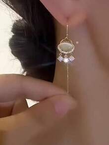 1对精致猫眼流苏耳环，百搭优雅长款耳环，中国风时尚配饰 - 金色 - 查看 4