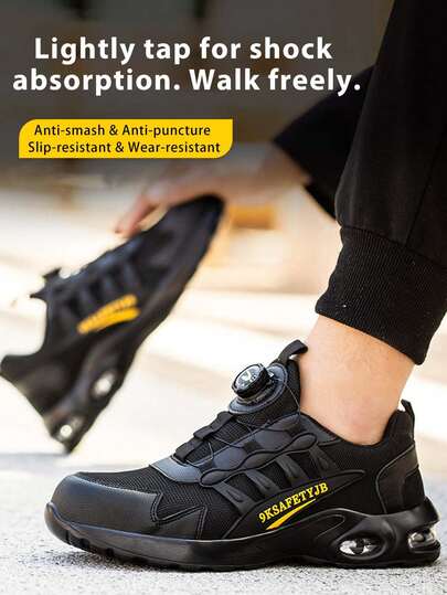 Men's Steel Toe Sports Shoes, Rotary Buckle Design, Breathable Lightweight Non-Slip Anti-Smash Anti-Puncture Work Shoes For Women, Solid EVA Sole, Sports Hiking Training Tactical Work Boots, Shock-Absorbing Training Shoes, Suitable For Warehouse, Gardening, Construction Site, And Daily Professional Use