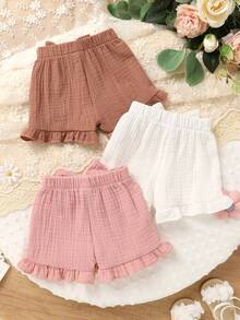 3pcs Baby Girls' Soft & Comfortable Casual Elegant Cute Simple Cotton Shorts Set, Bow Decor, Ruffle Hem, Elastic Waist, Infant Toddler Girl Clothing, Summer Daily Wear, Vacation, Photography, Outdoor Activities - 彩色 - 查看 8