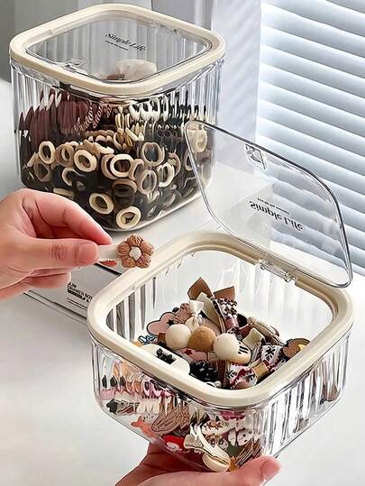 2pcs Set, 1pc Multi-Functional Dust-Proof Cosmetic, Hair Accessory Storage Box, Makeup Box, Desktop Decor Box, Desktop Trash Can, Women Storage Box, Suitable For Rubber Bands, Hair Clips, Headbands, Hair Ties, Cosmetics, Travel Essentials, Dorm Supplies, Autumn Decor, Desktop Transparent Storage Box, Women Gift