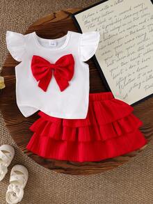 2pcs Baby Girl Princess Style Outfit: Big Bow Accent Cap Sleeve T-Shirt Top And Multi-Layer Ruffle Hem Cake Skirt Set - Red - View 2