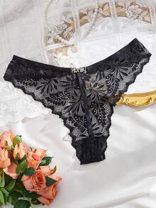 1pc Women's Sexy Lace Spaghetti Strap Thong Panty - Black - View 2