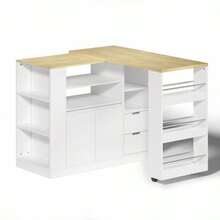 Kitchen Island With Extendable Worktop, 115cm Long Storage Island With Shelves On Three Sides And Two Drawers, Coffee Corner, Extendable Wooden Dining Table, Ideal For Dining Rooms And Home Bars - Natural Wood Color + White - View 12