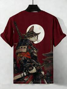 男士加大码3D猫咪图案印花T恤，休闲运动针织面料圆领短袖上衣，夏季 - 彩色 - 查看 2