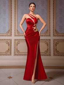 VIPGIRL Đầm dạ hội kiểu Trung Quốc màu đỏ satin thêu rồng, thiết kế xẻ cao, lệch vai, đầm dự tiệc cocktail gợi cảm, đầm dự đám cưới thanh lịch, đầm dự tiệc sang trọng, đầm dạ hội dài, đầm dạ hội nữ, đầm đỏ nữ, đầm cocktail quyến rũ - Đỏ - Xem 7