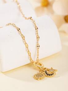 1pc Fashionable Minimalist Women's Necklace With Beads, Random Pendant Design Of Sun, Star, Moon, Stainless Steel Chain, Suitable For Daily Wear, Gift For Friends, Valentine's Day, And Other Holidays - Multicolor - View 3