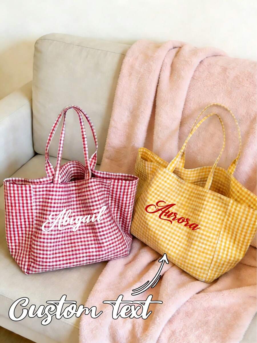Personalized Name Canvas Tote Bag, Minimalist Plaid Canvas Bag, Friend Theme Birthday Party, Bridal Party, Bridal Shower, Bridesmaid Gift, Cosmetic Bag - Multicolor - View 1