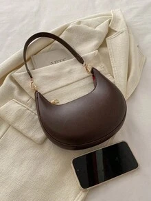 1个新月形PU皮革单肩包，时尚简约纯色女士腋下包，适合春、夏、秋、冬四季，简约纯色单肩包，咖啡色新月形女士单肩包，简约百搭女孩腋下包，法式风格单肩包，女士通勤包 - 彩色 - 查看 6