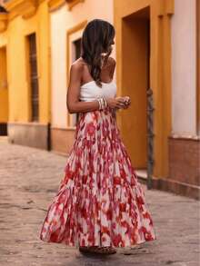 Elegant A-Line Skirt With Ruffle Hem For Women, Floral Print Fabric, Suitable For Party, Vacation And Beach Spring - Multicolor - View 2