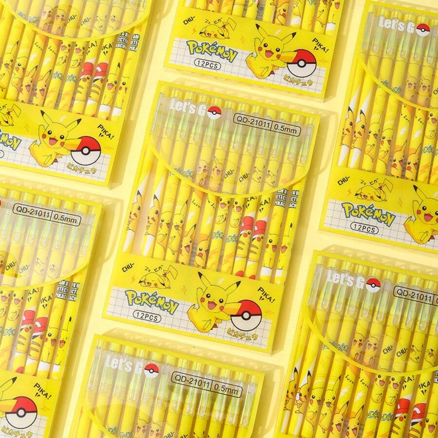 12pcs Pokemon Pikachu Erasable Neutral Water-Based Pens, 0.5mm Cute Cartoon Signature Pens, Student Gifts - Multicolor - View 1