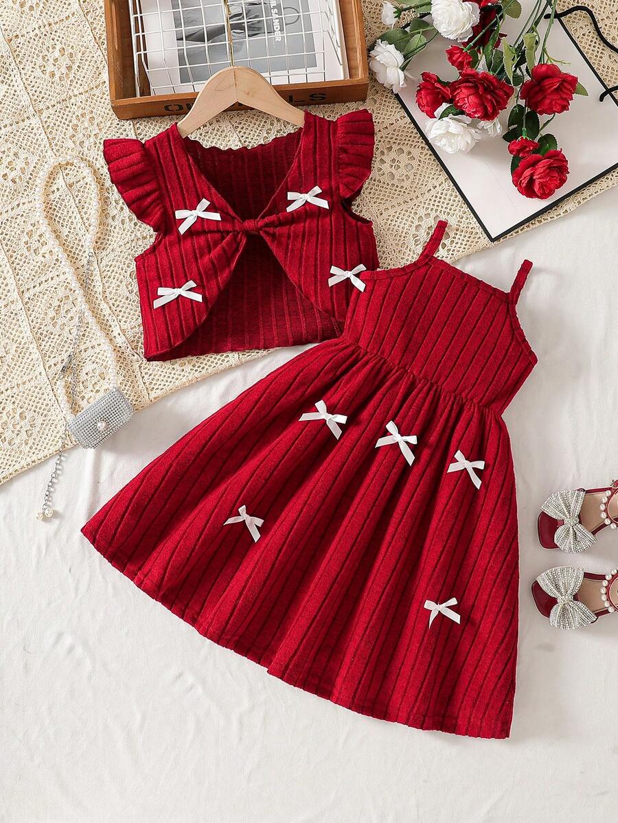 Young Girl' Fashion Casual Cute Set, Knitted Bow Jacket + Knitted Bow Strap Dress - Red - View 1