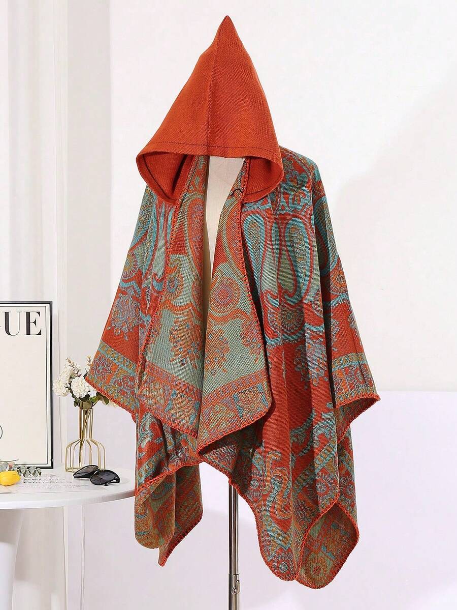 1pc Women's Winter Hooded Poncho, Cashew Jacquard Travel Cloak Shawl Outerwear - Multicolor - View 1