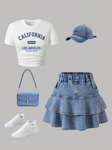 少女字母印花短袖上衣和牛仔裙套装 - 白色 - 查看 1