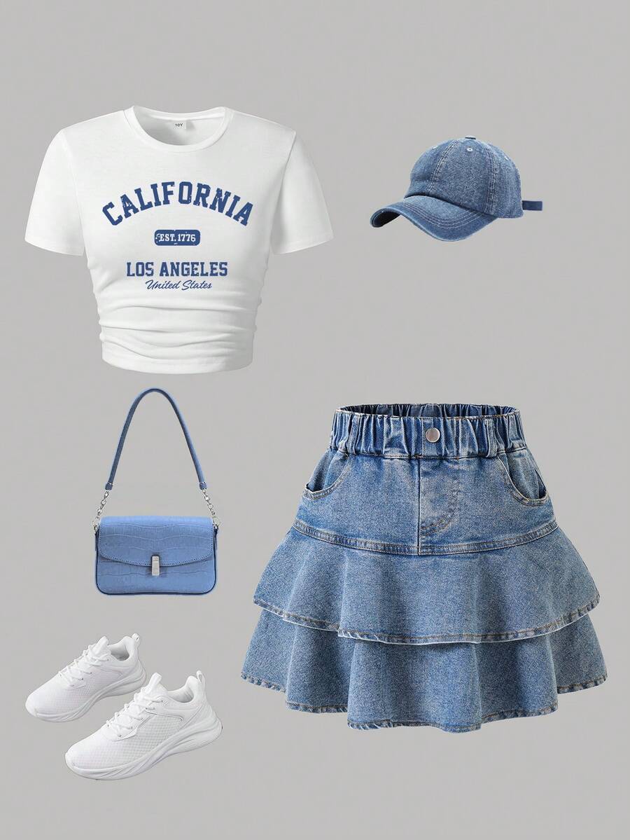 少女字母印花短袖上衣和牛仔裙套装 - 白色 - 查看 1