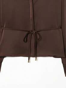 V-Neck Tie Satin Long Sleeve Shirt, Spring/Autumn - Coffee Brown - View 5