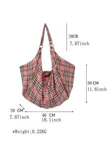 Large Capacity Plaid Pattern Shoulder Bag, New Spring/Summer Ladies Crossbody Bag, Zippered Fabric Bag, Casual Versatile Tote Bag, Suitable For Work, Study, Travel - Pink - View 9