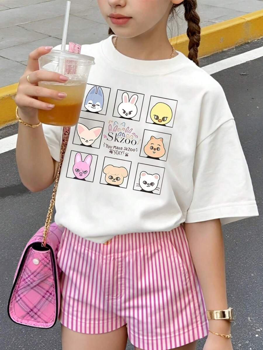 Youth Girl's Cartoon Animal SKZOO Pattern Cotton Round Neck T-Shirt, Kids T-Shirt Durable Stray Away Youngsters Rock Star Album Merch T-Shirt, White Casual Tee With Cute Animal Faces, K-Pop Concert, K-Pop Unisex T-Shirt, Regular Length, Fan Made Shirt, K-Pop Concert, Perfect For Concerts & Holidays,  Stray Away Style Kids Shirt. - 白色 - 查看 1