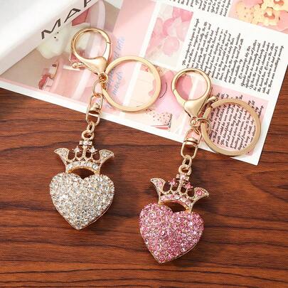 Fashionable Heart-Shaped Rhinestone Crown Keychain For Women, Dainty Metal Charm Keyring, Convenient Bag Accessory, Ideal Gift For Valentine's Day, Party, Autumn