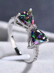 1pc Women Copper Bowknot Ring With Crystal Cubic Zirconia Wedding Engagement Party Jewelry Gift For Valentines Day Mom Mother's Day Anniversary P1FT - Bạc - Xem 4