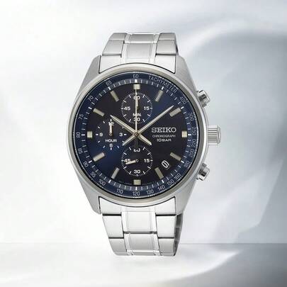 Seiko Reloj de pulsera cronógrafo de lujo con esfera azul para hombres, reloj deportivo resistente al agua de acero inoxidable plateado con fecha y tacómetro