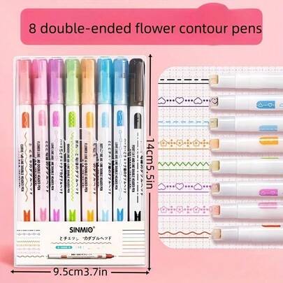 6pcs Graphic Outline Pens, Single-Tip & Double-Tip With Various Fine Lines - Lightweight, Round Pen Body - Suitable For Notes & Marking, Single-Tip & Double-Tip Floral Outline Curve Pens, Highlighter Pens, Marker Pens, Wave Pens For Students, Journals, Highlighting