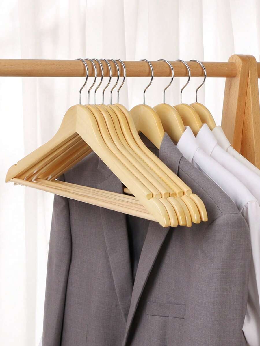 8件套木质衣架，带防滑杆 - 360°旋转挂钩，无缝衬衫西装收纳衣架，适用于酒店、卧室、衣柜 - 卡其色 - 查看 1