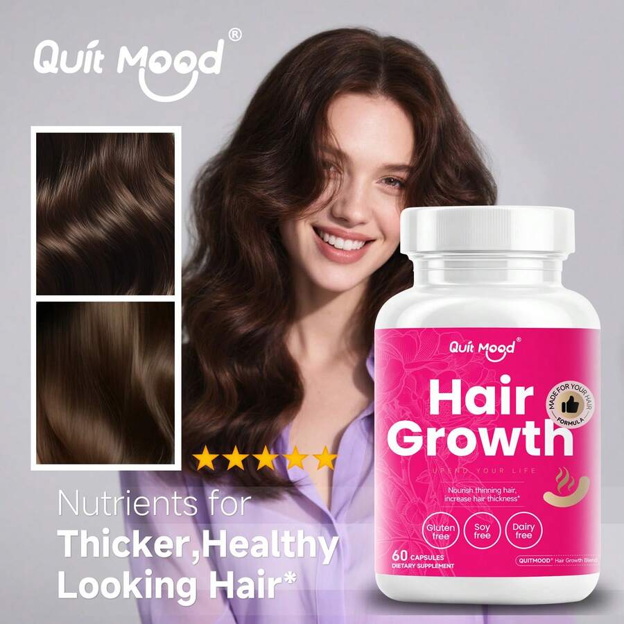 Quit Mood Hair Growth Capsules - Advanced Hair Growth Blend To Nourish Thinning Hair, Increase Hair Thickness & Support Healthy Fuller Hair, 60 Capsules Dietary Supplement For Women & Men - 60 Capsules/Bottle - 查看 1