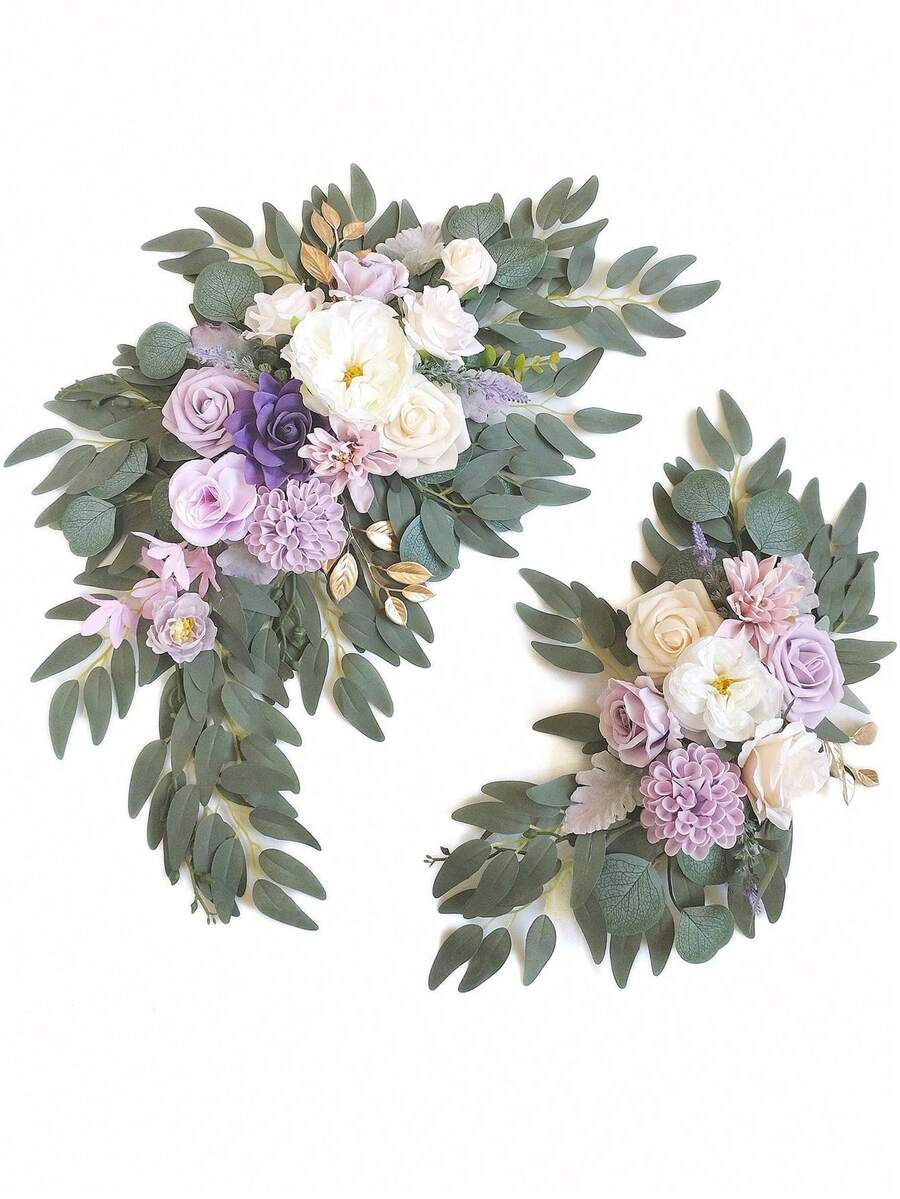 2 pezzi Decorazione con rose viola artificiali e foglie verdi in plastica, adatte per archi da matrimonio, location per feste, eventi di celebrazione, applicabili anche per Pasqua, Ringraziamento, Ritorno a Scuola e altre occasioni