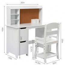 Juego de computadora y Silla para niños y niñas, Mesa de Escritura de Madera para niños con estantería, tablón de anuncios, gabinete y cajón para Edades de 3 a 8 años, Color Blanco - Blanco - Ver 2