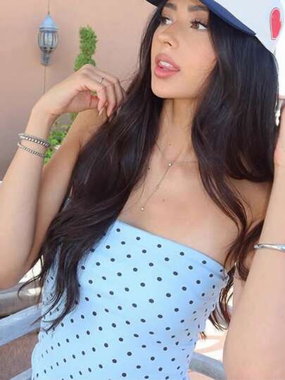 优雅蓝色波点印花抹胸上衣，春夏新款，可作外衣穿着