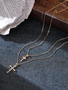 2pcs/Set Fashionable Hip-Hop Micro-Inlaid Zirconia Double Cross Pendant Necklace Set, Suitable For Women's Daily And Casual Wear - Yellow Gold - View 3