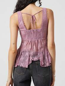Women Summer Sleeveless Lace Floral Tank Tops V Neck Sheer Mesh Embroidered Ruffle Hem Tops Y2K Night Out Shirts - Màu tím - Xem 4