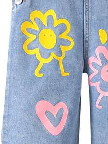 Young Girl' Fashionable Solid Color Button Decor Floral Pattern Single Pocket Loose Ankle-Length Denim Overalls - Blue - View 6
