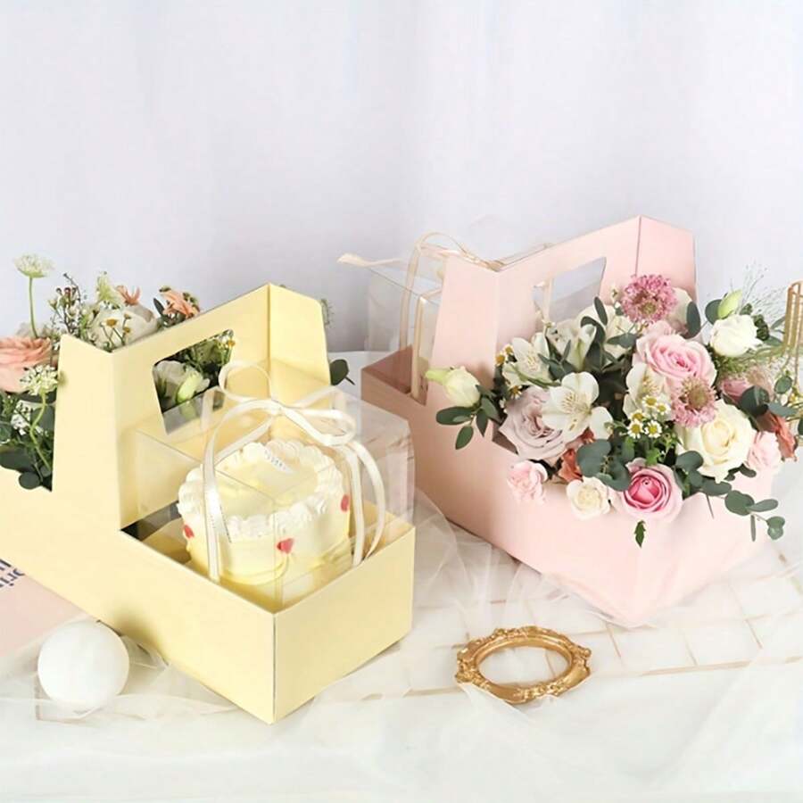 5pcs/Set Elegant Paper Flower/Coffee Gift Boxes, Transparent Fresh Flower Gift Containers, Cake Packaging Baskets, Romantic Gift Boxes, Suitable For Flower Bouquets, Weddings, Home Decor, Mother's Day, Valentine's Day, Birthday, Party Flower Baskets - Multicolor - View 1