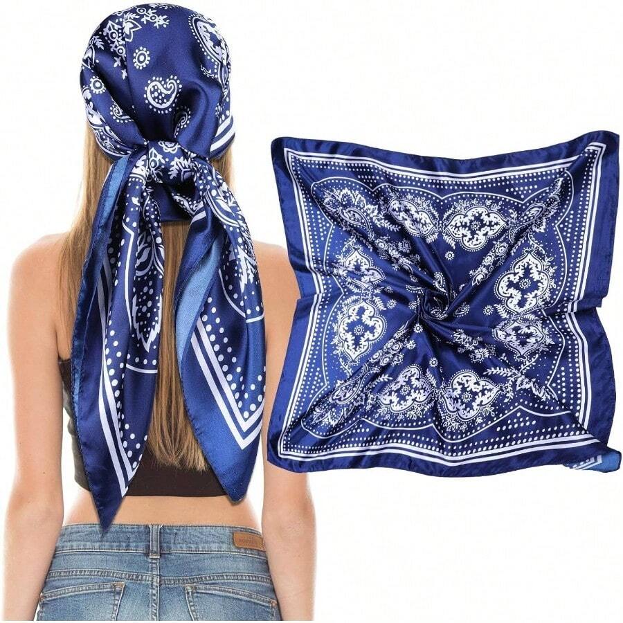 Women Square Satin Scarves, 35 Inch Large Soft Square Scarf Bandana - 藏蓝色 - 查看 1