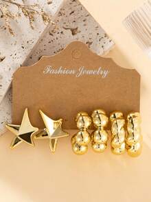 4/6/16件套新款时尚金色光滑不规则五角星、海星、贝壳、螺旋、C形珍珠耳钉套装，适合男士、情侣、海滩、旅行、日常佩戴，时尚优雅，百搭各种服饰。 - 金色 - 查看 9