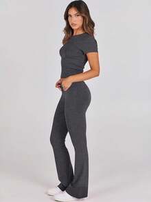 Lounge Sets For Women 2 Piece Foldover Yoga Flare Leggings Pants Crop Tops Casual Y2K Outfits Matching Tracksuit Set - Deep Gray - 查看 3