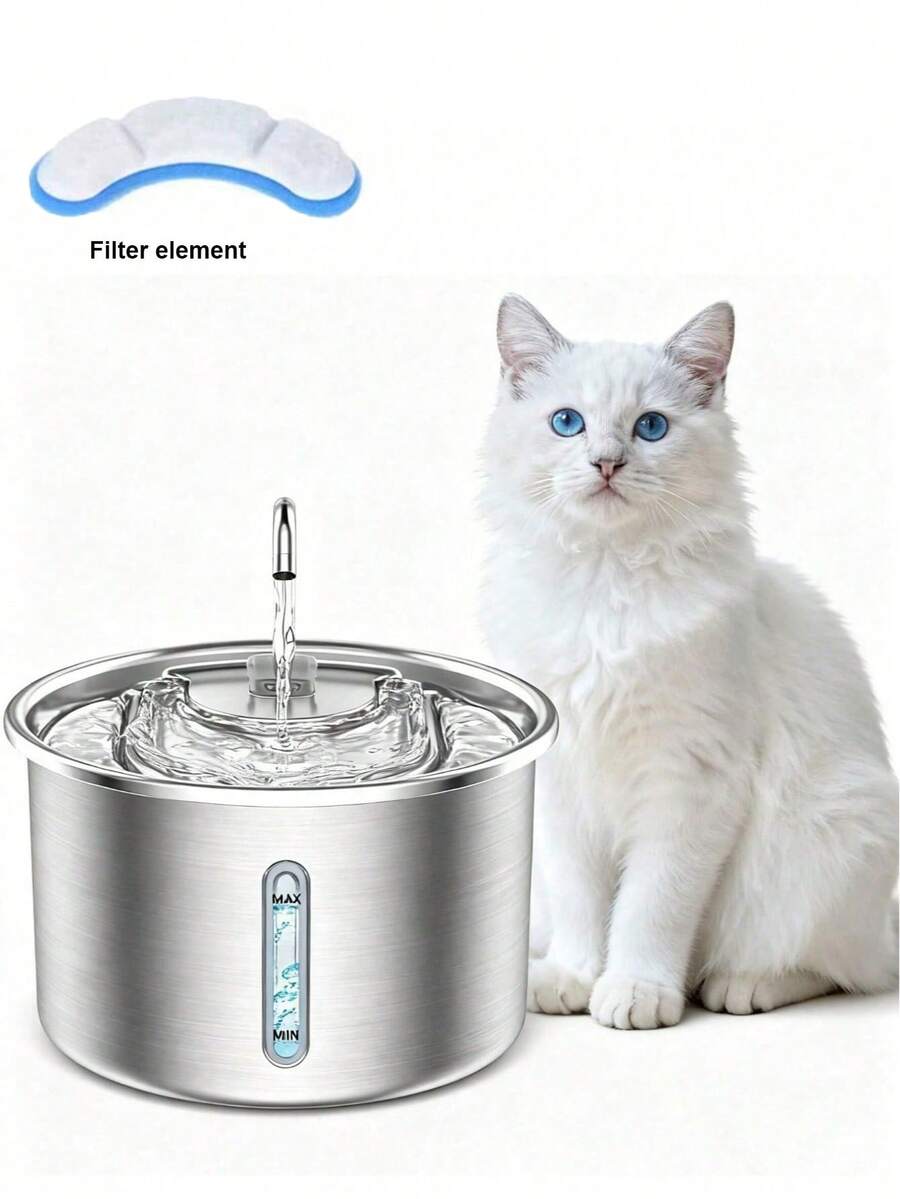 3升/101.45液盎司/0.793加仑不锈钢自动猫咪饮水器 | 静音USB供电宠物喂食器，带水位指示器和蓝色LED灯，金属结构，时尚金属外观，无需电池